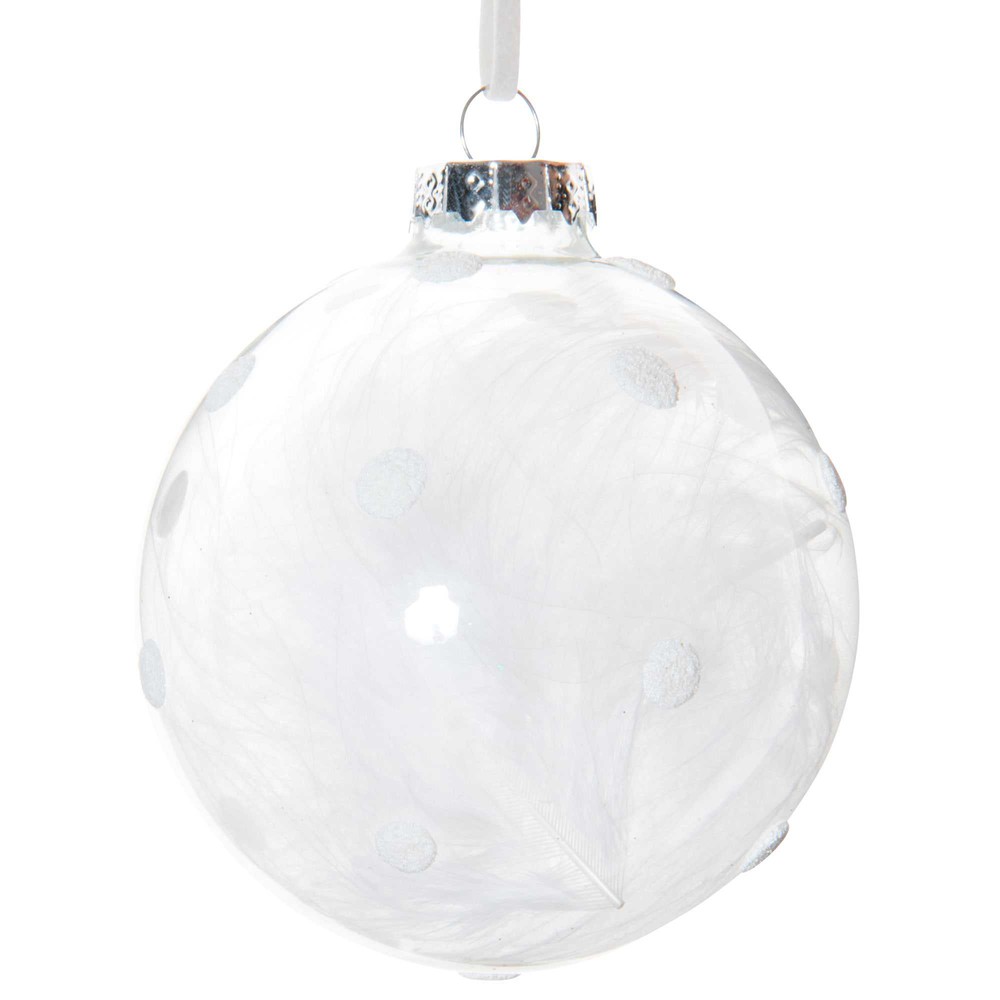 Boule de Noël en verre à pois blanc et plumes blanches Boule de Noël en verre à pois blanc et plumes blanches
