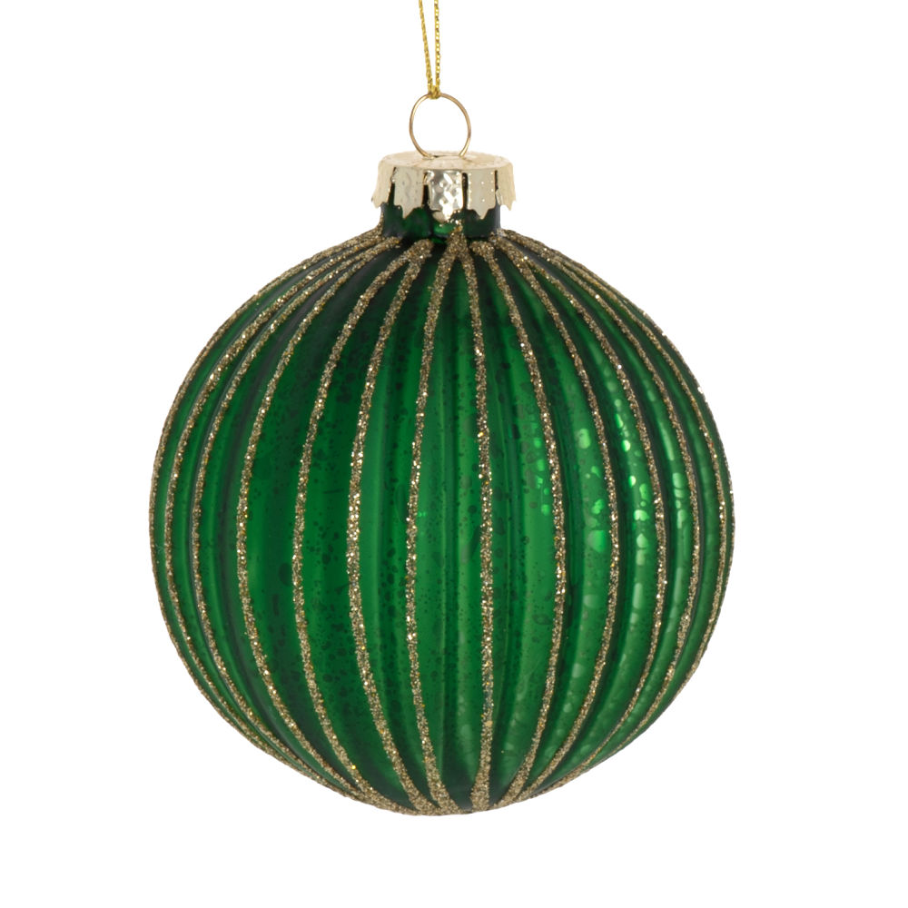 Boule de Noël en verre à stries vertes et dorées