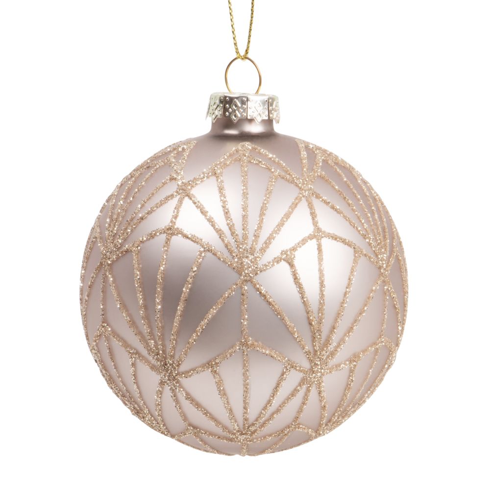 Boule de Noël en verre argenté motifs graphiques dorés Boule de Noël en verre argenté motifs graphiques dorés