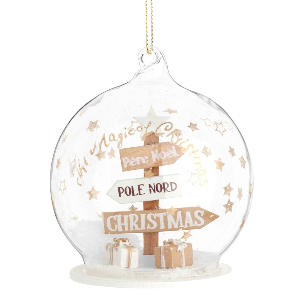 Boule de Noël en verre avec panneaux fléchés imprimés Boule de Noël en verre avec panneaux fléchés imprimés