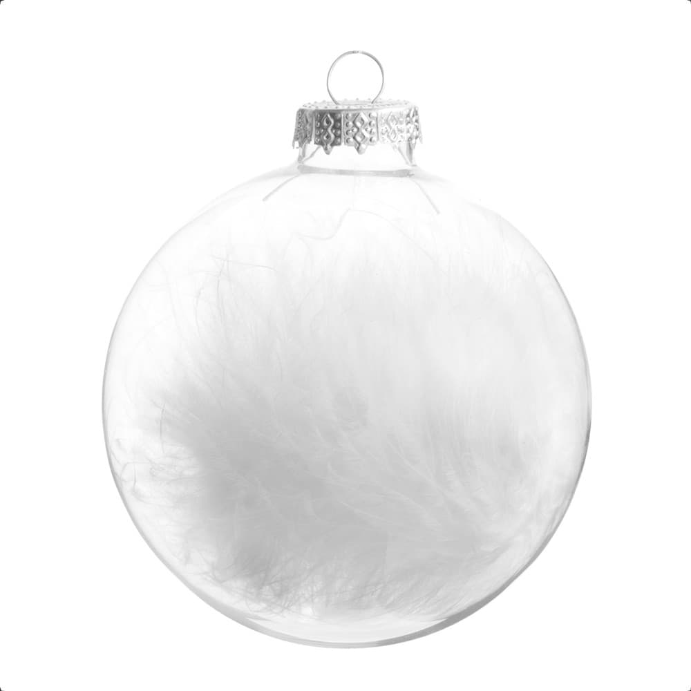 Boule de Noël en verre avec plumes blanches