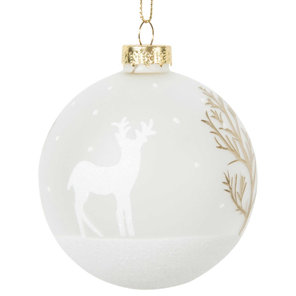 Boule de Noël en verre blanc opaque imprimé forêt