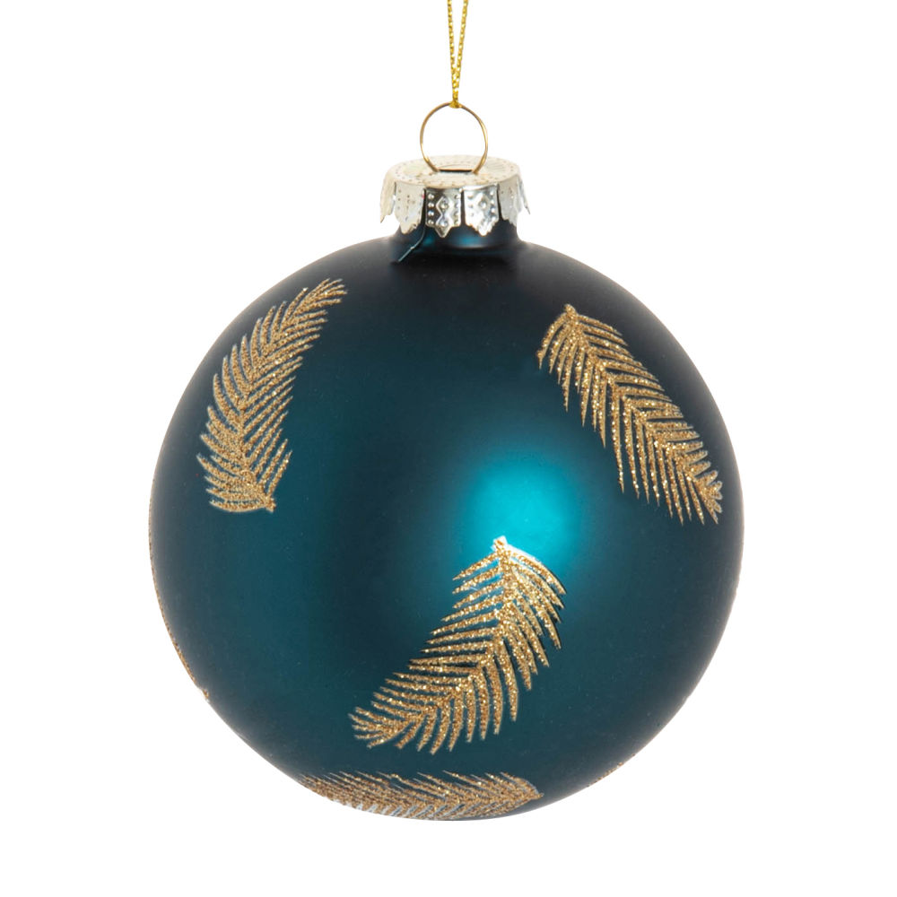 Boule de Noël en verre bleu canard imprimé plumes à paillettes dorées