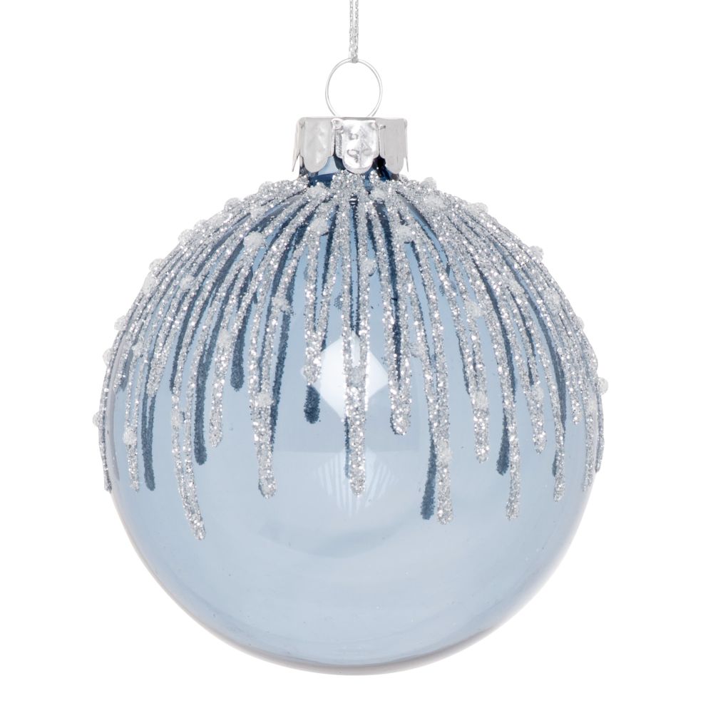 Boule de Noël en verre bleu, effet pluie givrée argentée