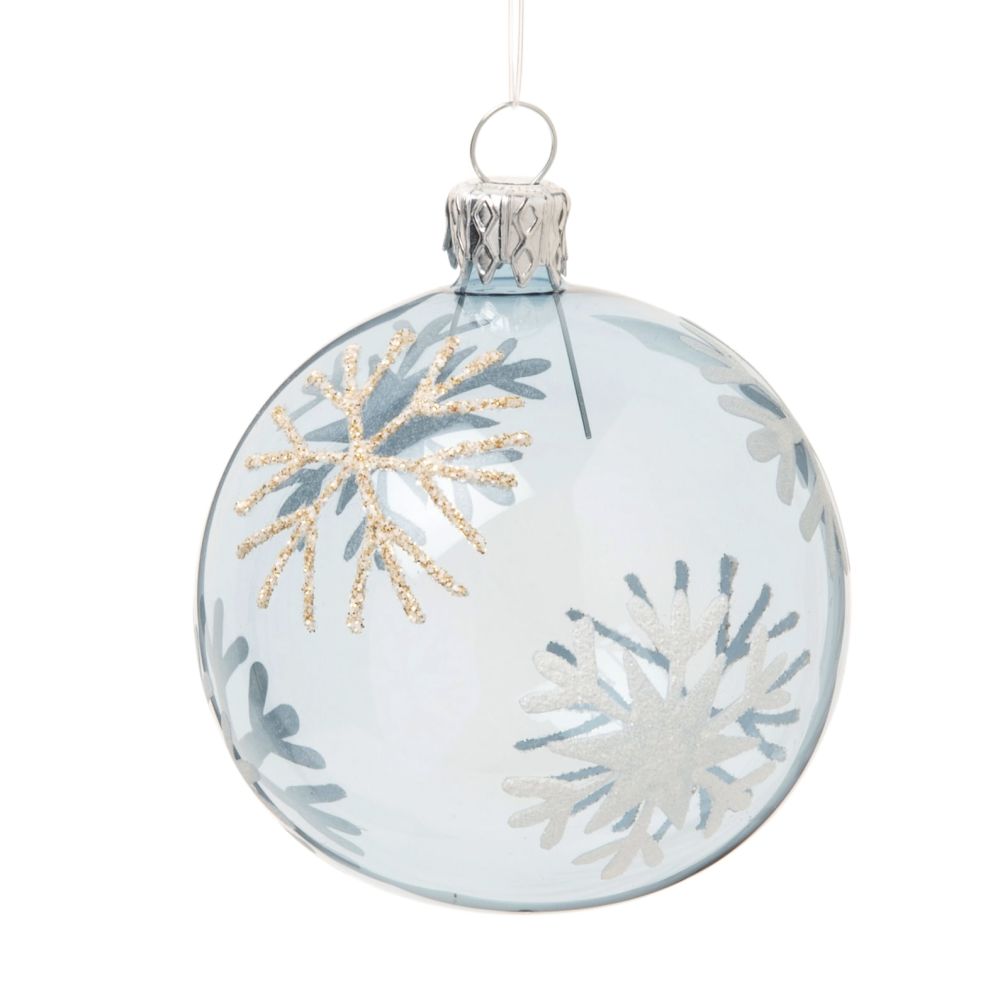 Boule de Noël en verre bleu imprimé flocons blancs et dorés