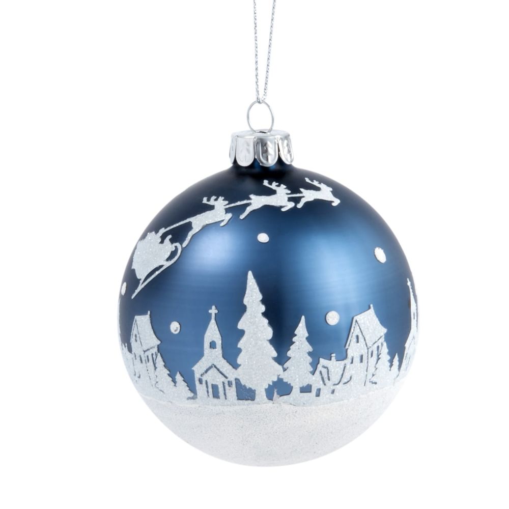 Boule de Noël en verre bleu nuit et blanc à paillettes