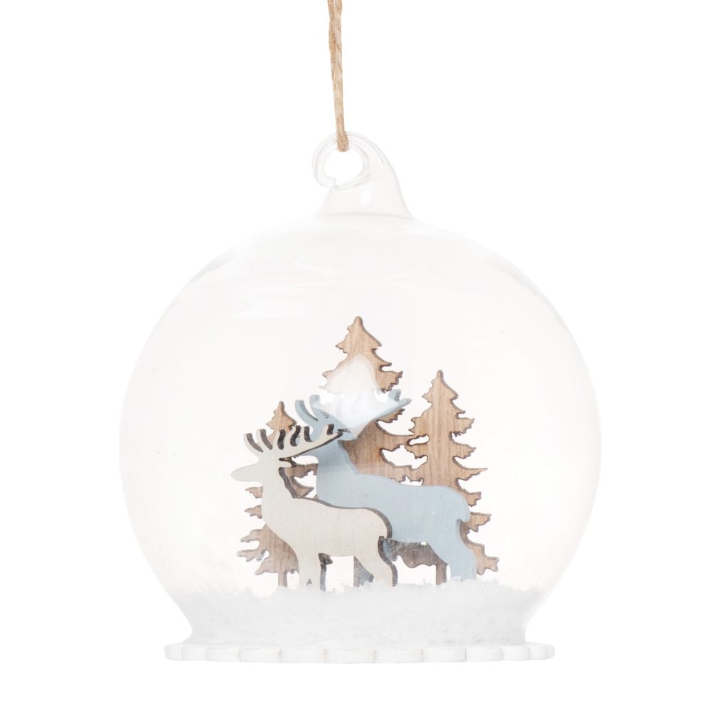 Boule de Noël en verre décor blanc, bleu gris et beige