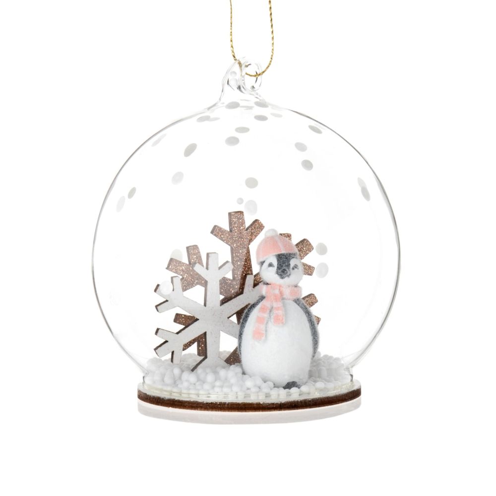 Boule de Noël en verre décor pingouin et flocons
