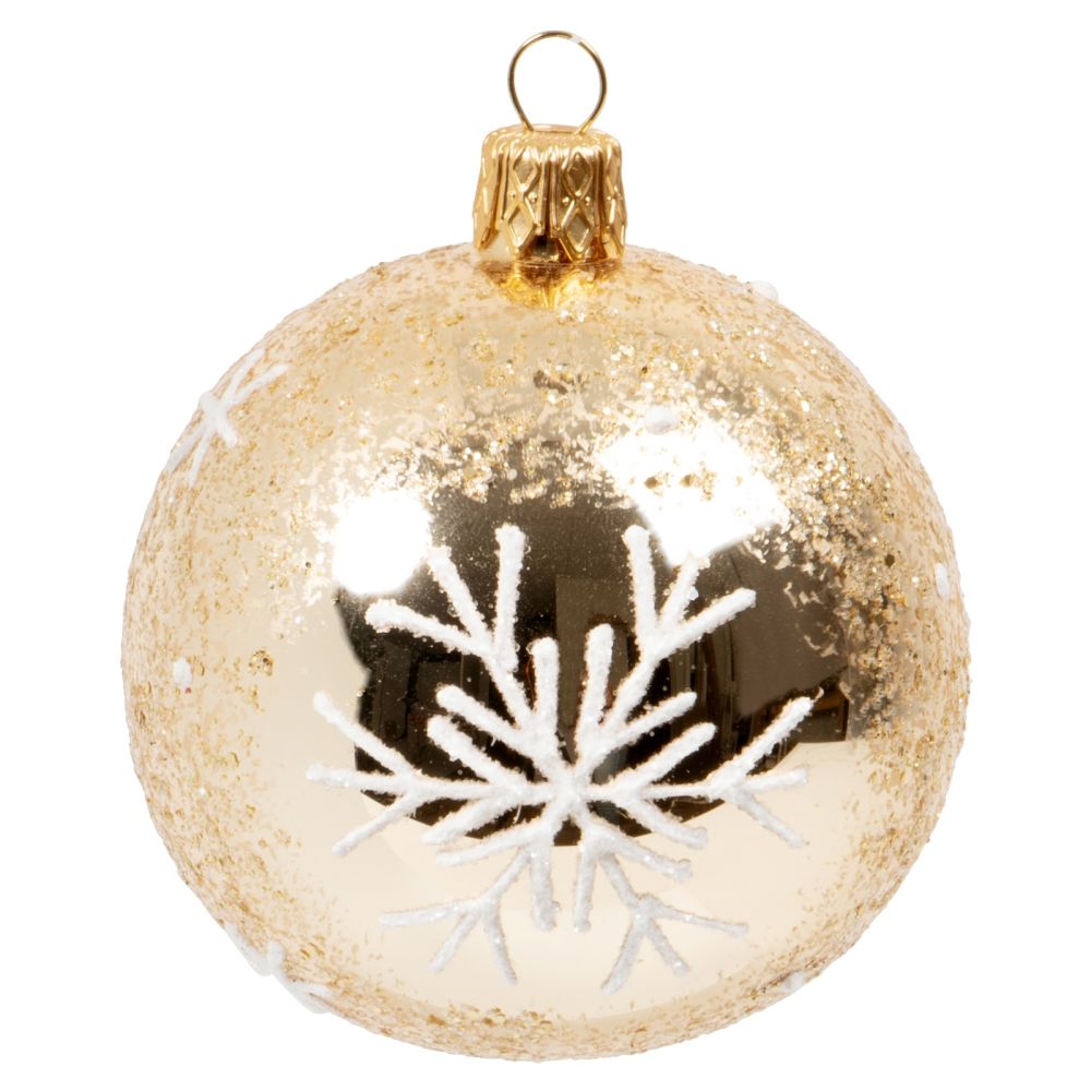 Boule de Noël en verre doré motif flocon blanc