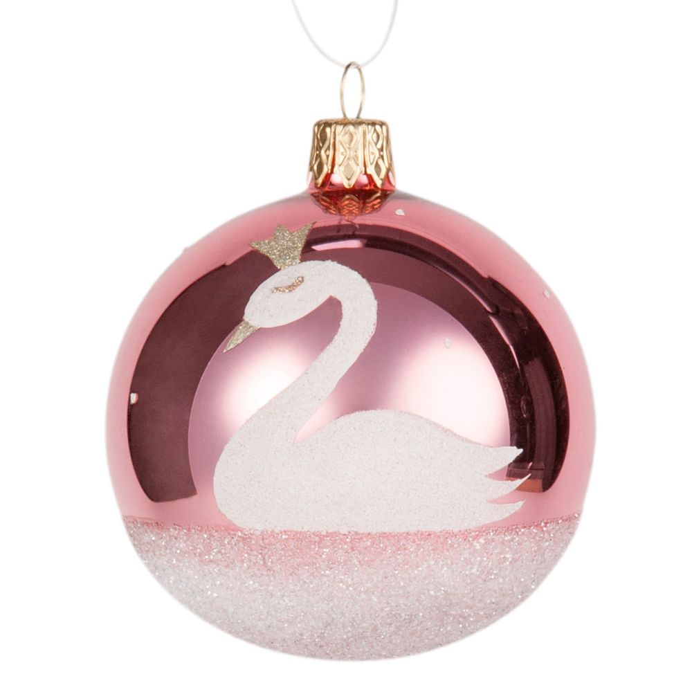 Boule de Noël en verre imprimé cygne rose brillant