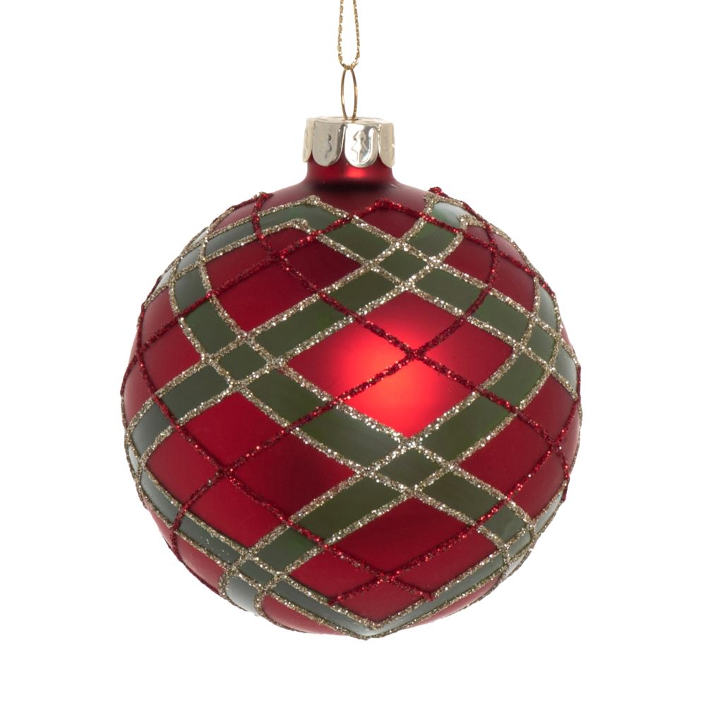 Boule de Noël en verre imprimé écossais rouge et vert