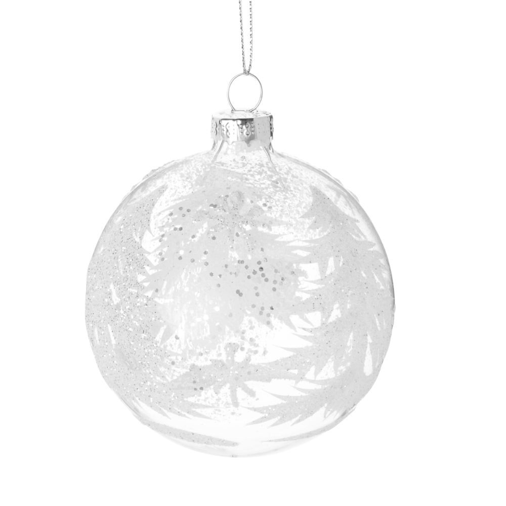 Boule de Noël en verre imprimé feuillage givré blanc Boule de Noël en verre imprimé feuillage givré blanc