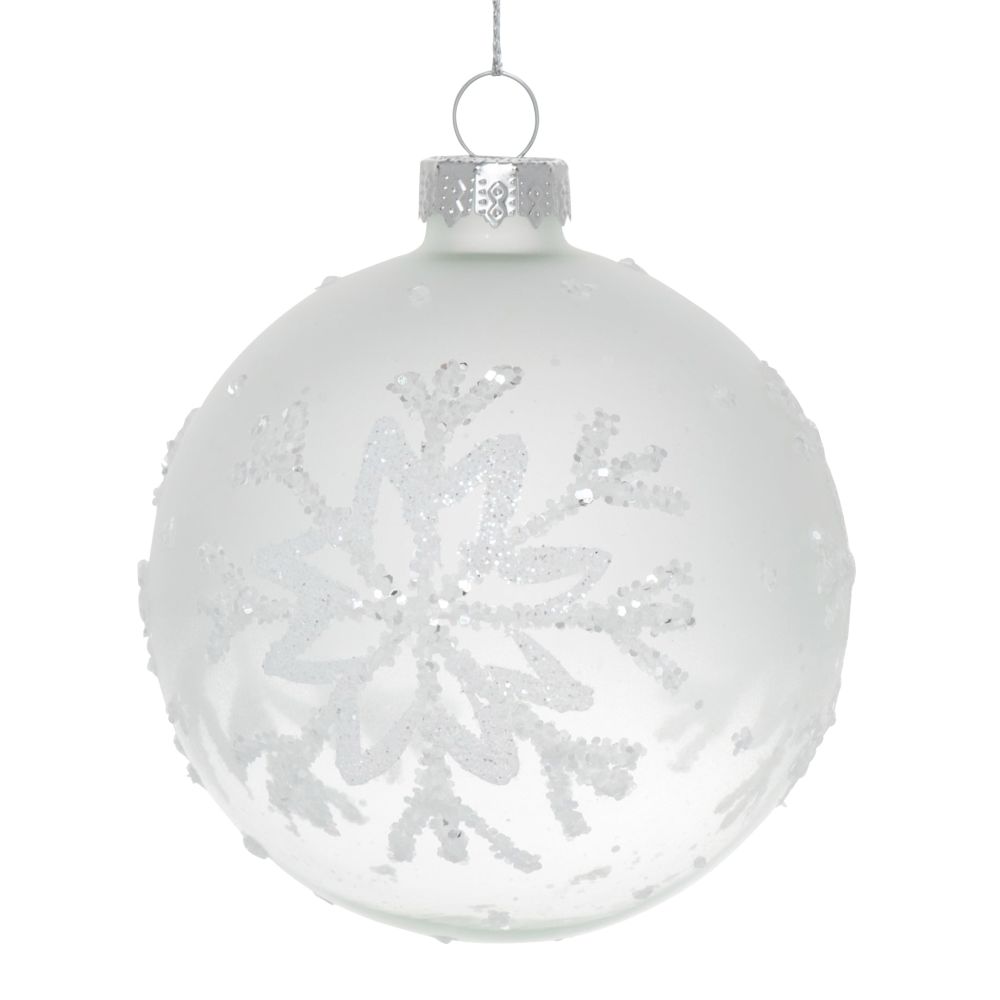 Boule de Noël en verre imprimé flocon givré blanc