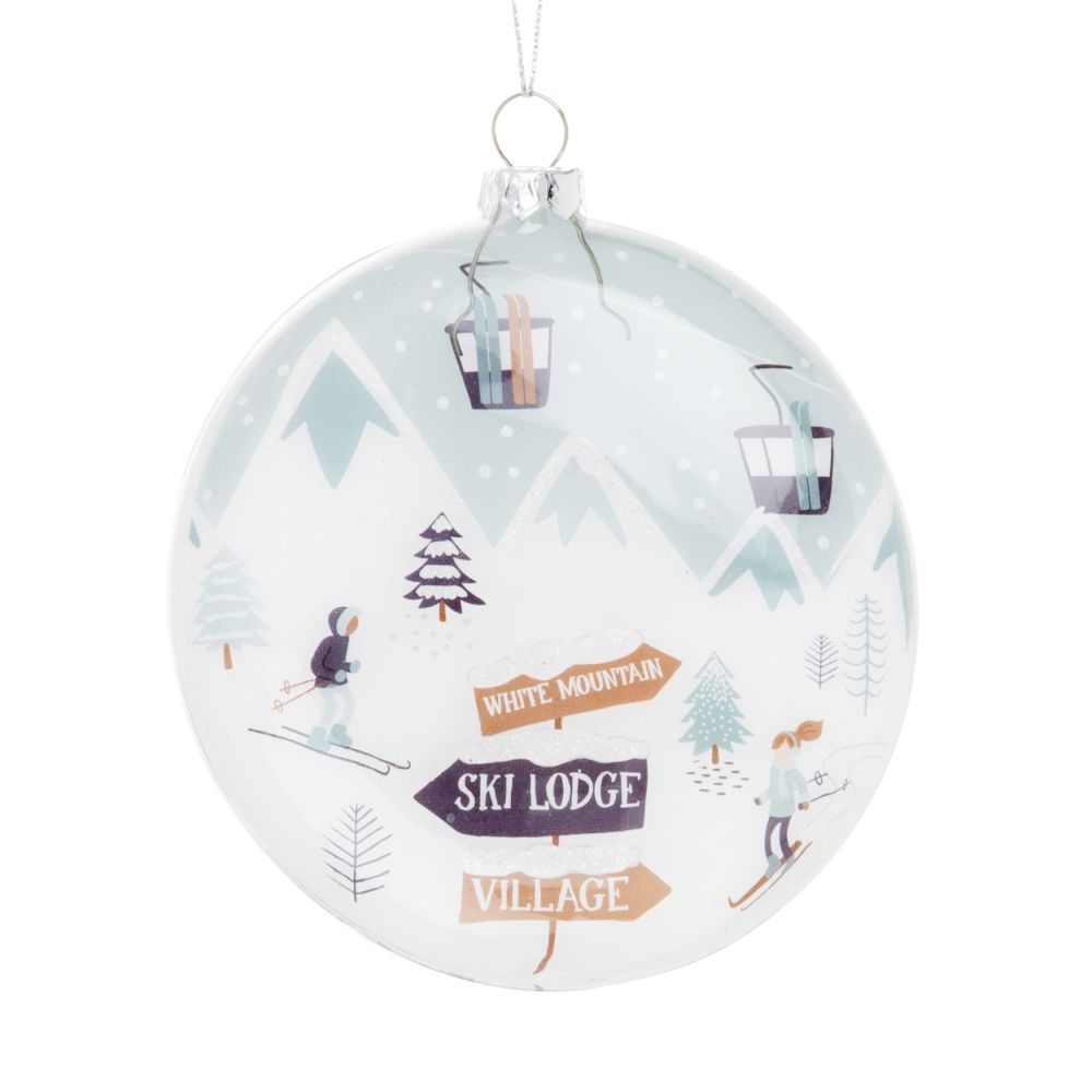 Boule de Noël en verre imprimé station de ski bleu nuit, bleu clair et bleu marine Boule de Noël en verre imprimé station de ski bleu nuit, bleu clair et bleu marine