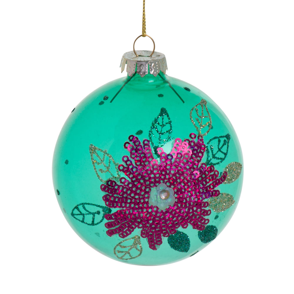Boule de Noël en verre motif fleur à paillettes rose fuchsia, bleue et dorée