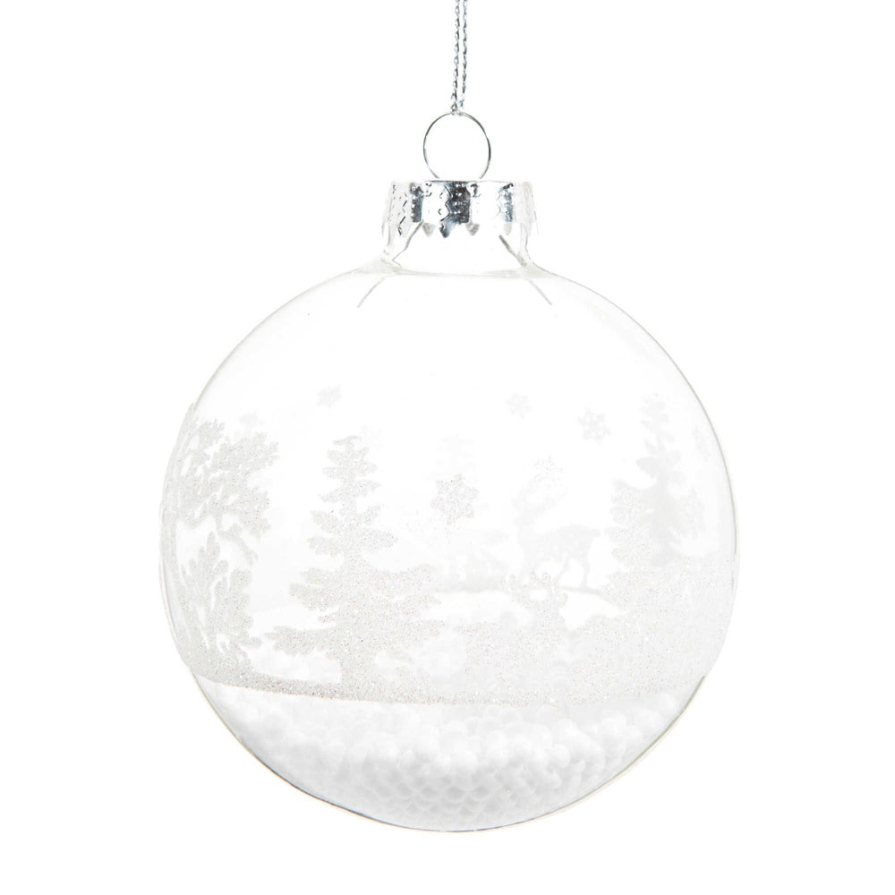 Boule de Noël en verre motif forêt enneigée
