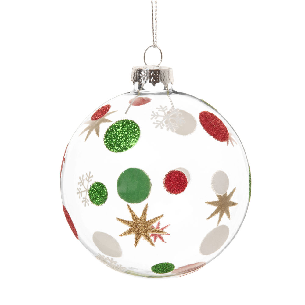 Boule de Noël en verre motifs à pois rouges, verts et blancs