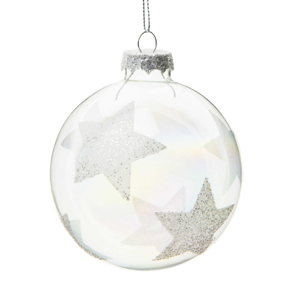 Boule de Noël en verre motifs étoiles à paillettes Boule de Noël en verre motifs étoiles à paillettes