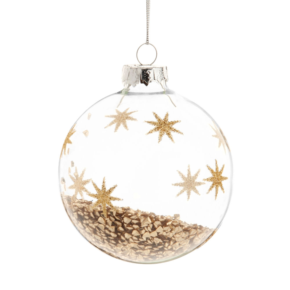 Boule de Noël en verre motifs étoiles et paillettes dorées