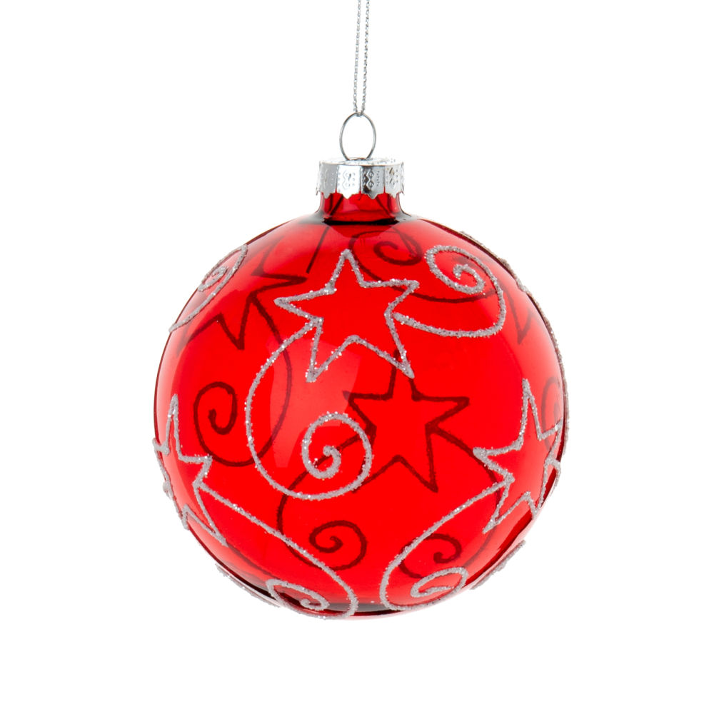 Boule de Noël en verre rouge imprimé étoiles et spirales
