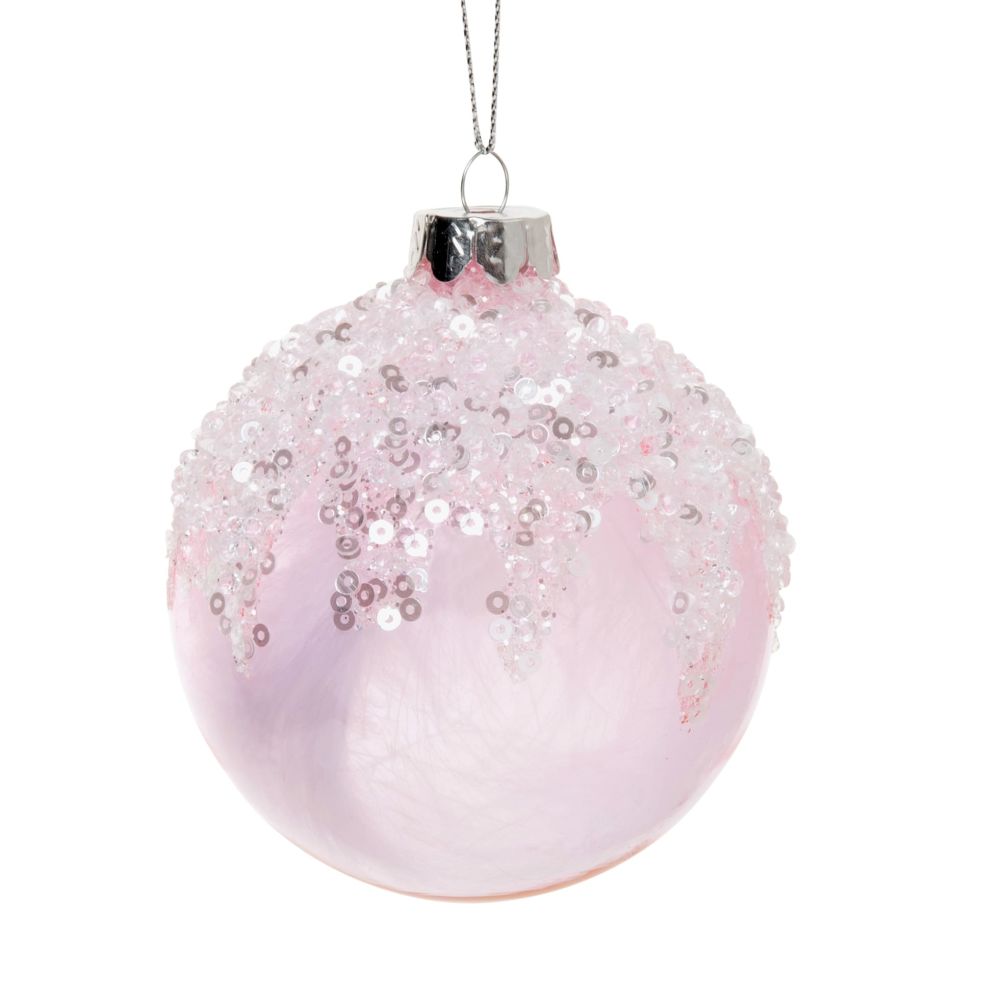 Boule de Noël en verre teinté rose effet sucré Boule de Noël en verre teinté rose effet sucré