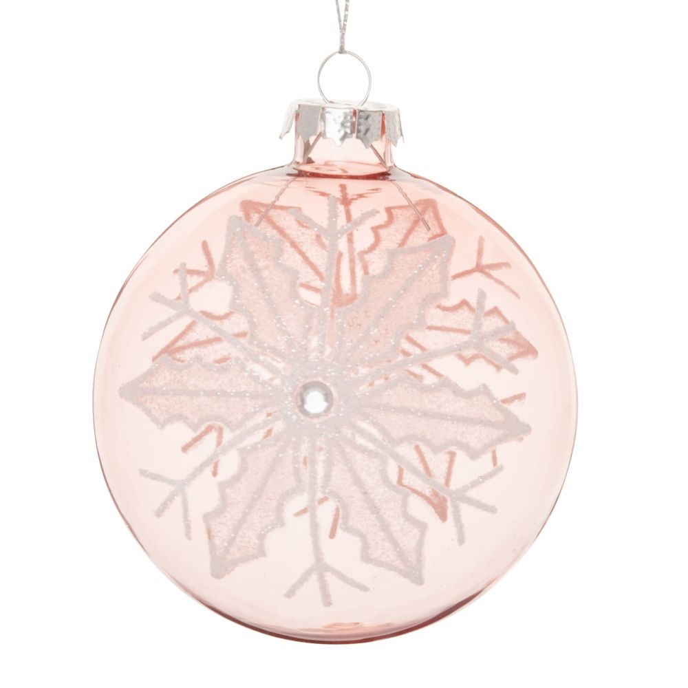 Boule de Noël en verre teinté rose motif flocon de neige blanc Boule de Noël en verre teinté rose motif flocon de neige blanc