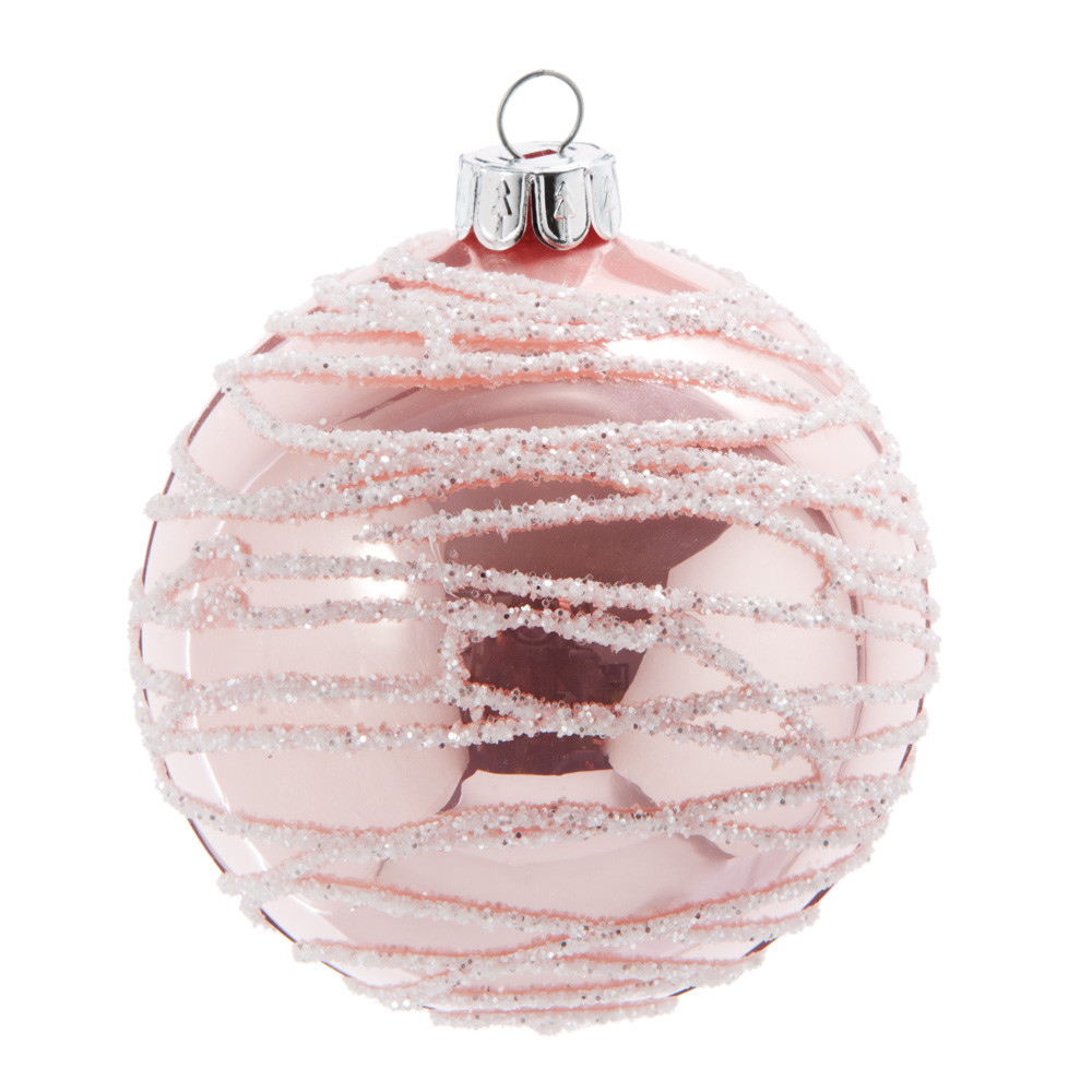 Boule de Noël en verre teinté rose motifs argentés Boule de Noël en verre teinté rose motifs argentés