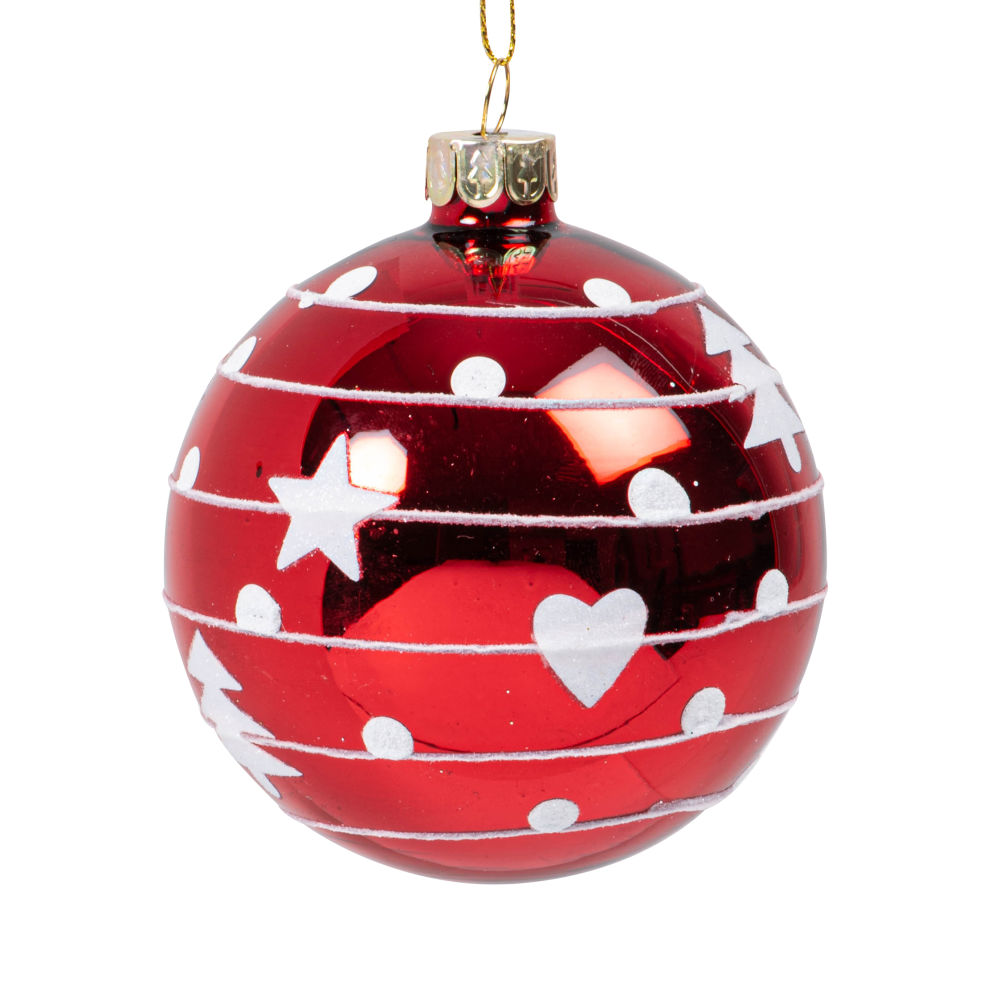 Boule de Noël en verre teinté rouge à motifs blancs Boule de Noël en verre teinté rouge à motifs blancs