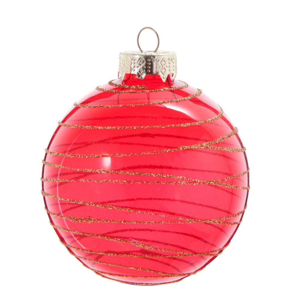 Boule de Noël en verre teinté rouge à motifs dorés Boule de Noël en verre teinté rouge à motifs dorés