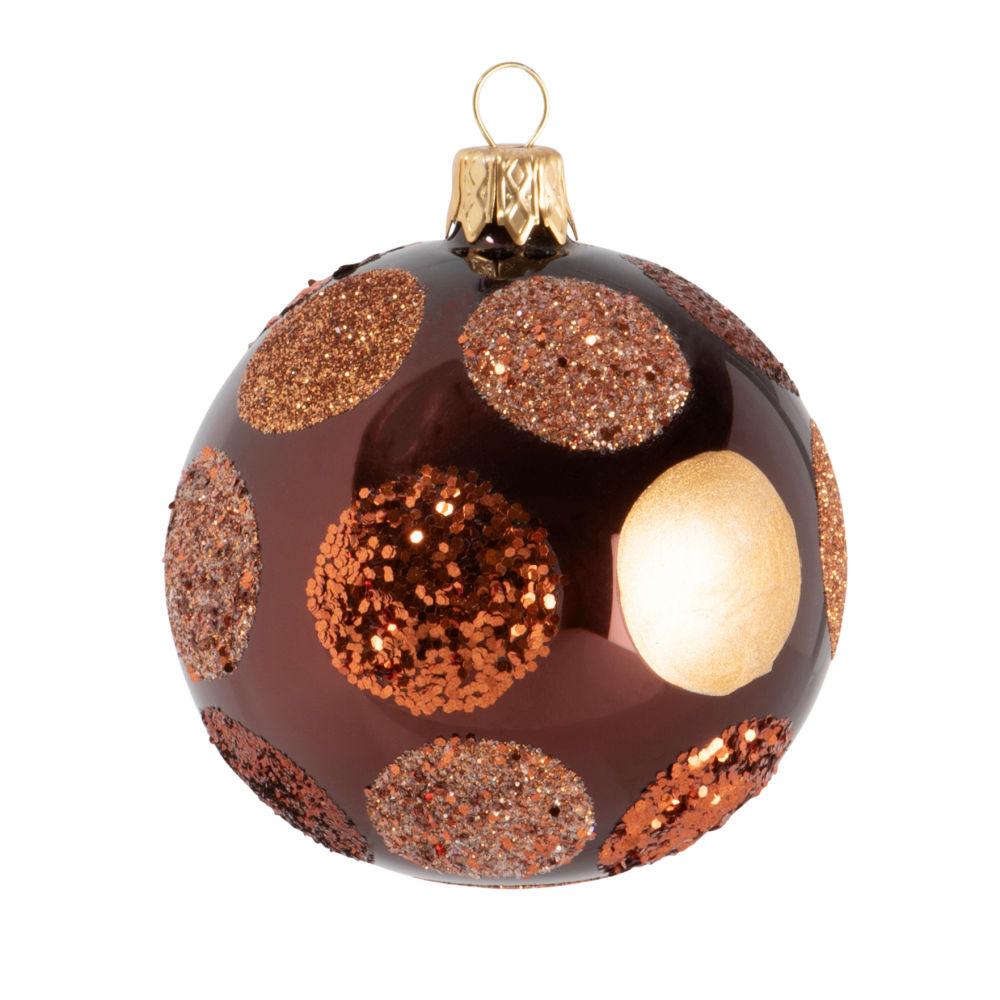 Boule de Noël en verre teinté rouge à pois pailletés Boule de Noël en verre teinté rouge à pois pailletés