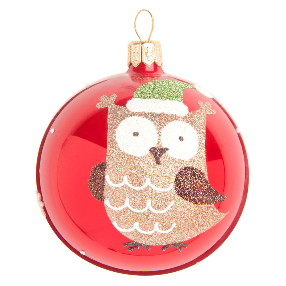 Boule de Noël en verre teinté rouge imprimé chouette Boule de Noël en verre teinté rouge imprimé chouette