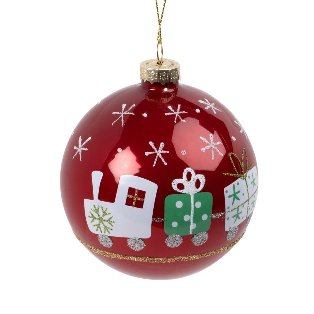 Boule de Noël en verre teinté rouge imprimé petit train Boule de Noël en verre teinté rouge imprimé petit train