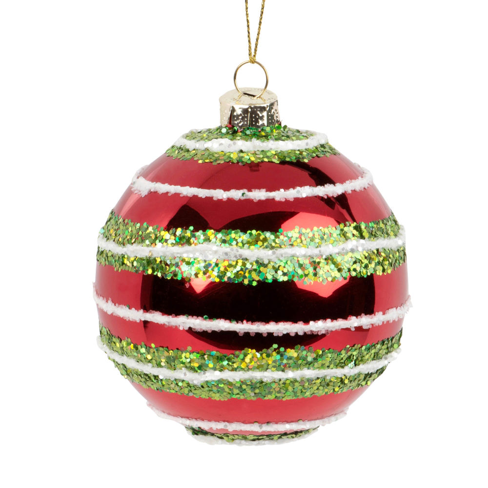 Boule de Noël en verre teinté rouge motifs à rayures vertes et blanches Boule de Noël en verre teinté rouge motifs à rayures vertes et blanches
