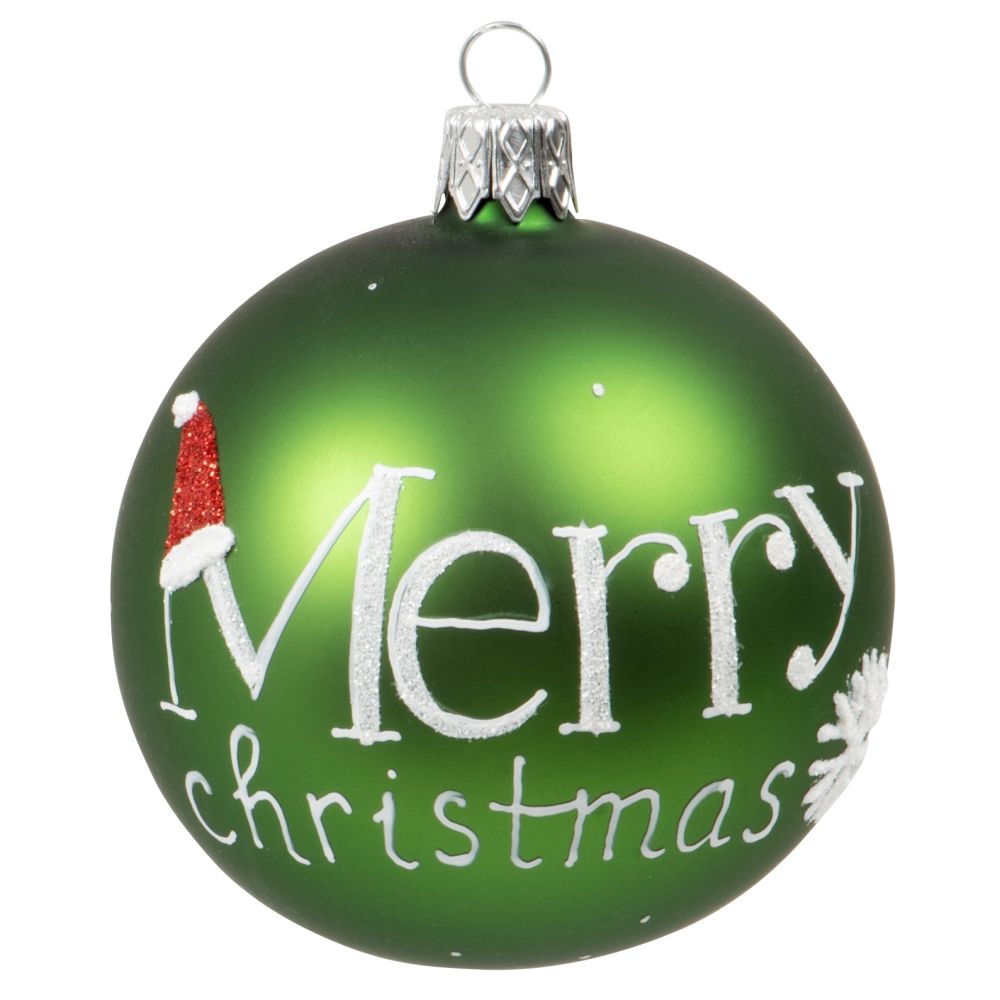 Boule de Noël en verre teinté vert imprimé blanc Boule de Noël en verre teinté vert imprimé blanc