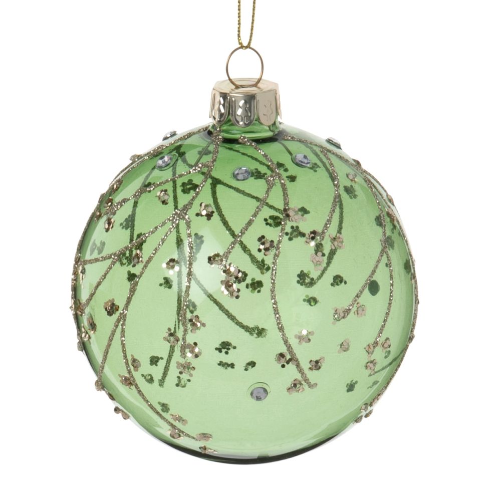 Boule de Noël en verre teinté vert, lignes en paillettes dorées et strass argentées Boule de Noël en verre teinté vert, lignes en paillettes dorées et strass argentées