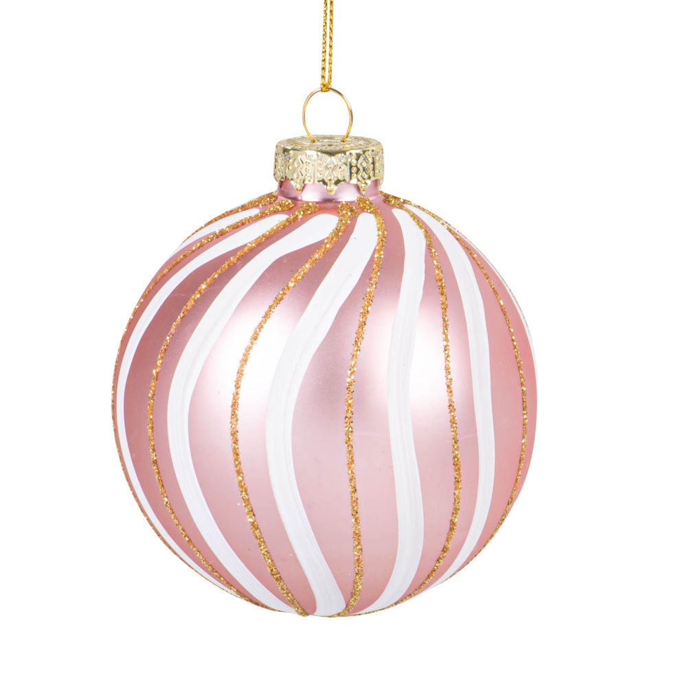 Boule de Noël en verre teinté vieux rose, blanc et paillettes dorées Boule de Noël en verre teinté vieux rose, blanc et paillettes dorées