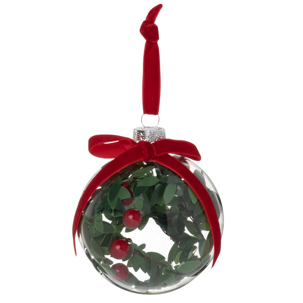 Boule de Noël en verre transparent et houx vert et rouge Boule de Noël en verre transparent et houx vert et rouge