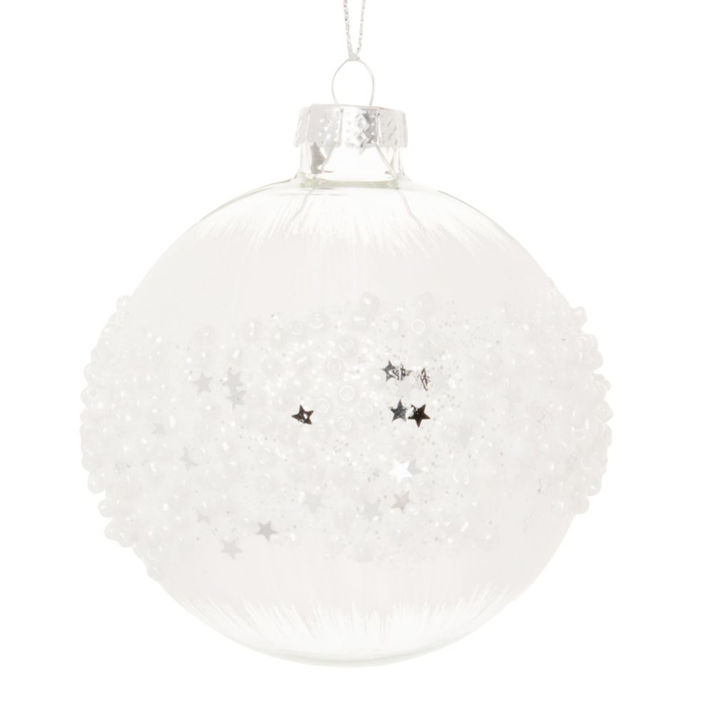 Boule de Noël en verre transparent et teinté blanc et perles blanches Boule de Noël en verre transparent et teinté blanc et perles blanches
