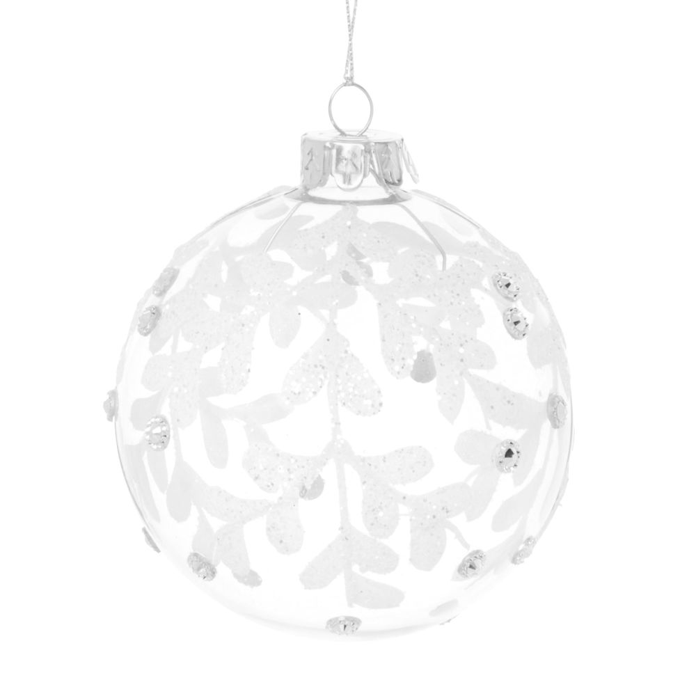 Boule de Noël en verre transparent motif feuillage à paillettes blanches Boule de Noël en verre transparent motif feuillage à paillettes blanches