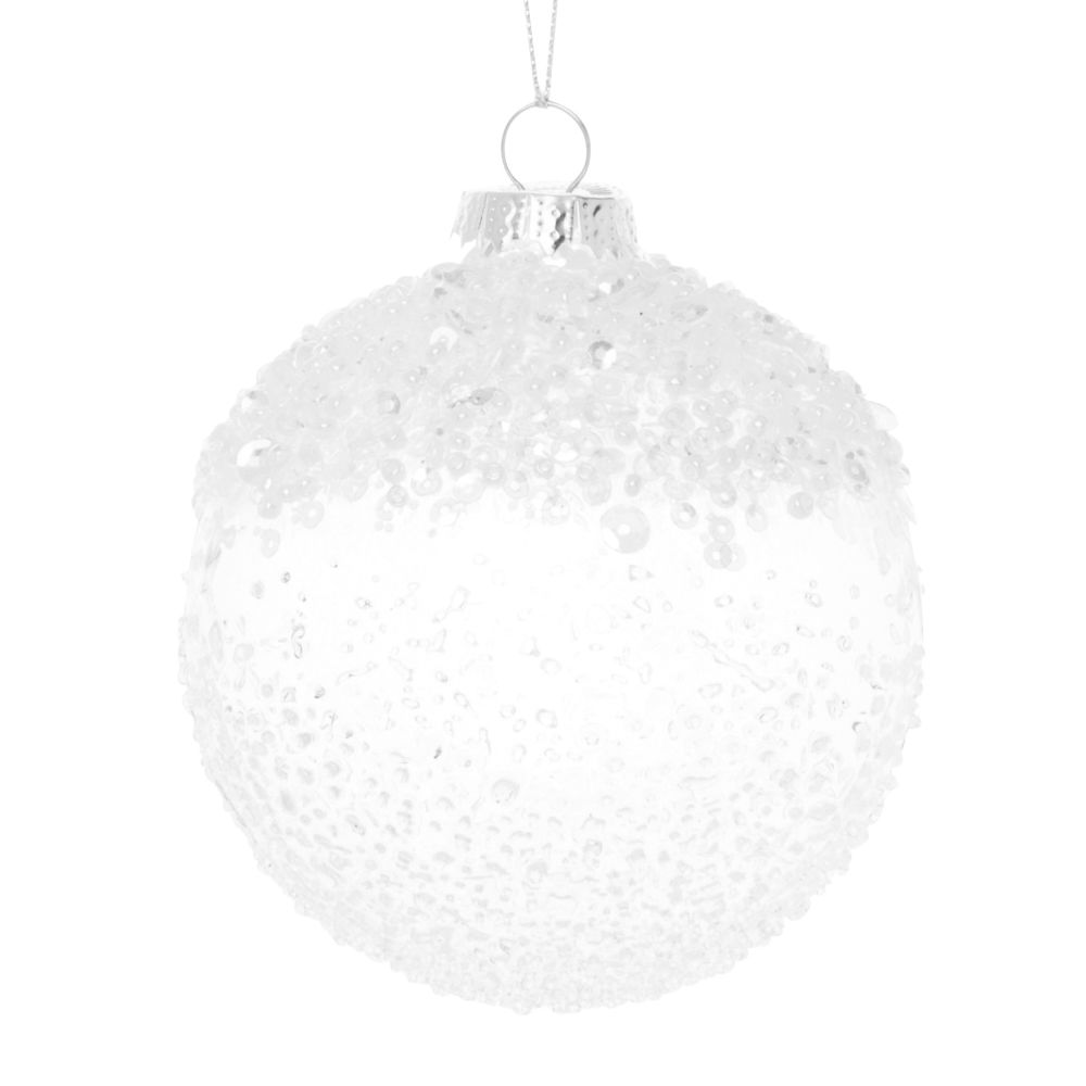 Boule de Noël en verre transparent, perles et confettis argentés Boule de Noël en verre transparent, perles et confettis argentés