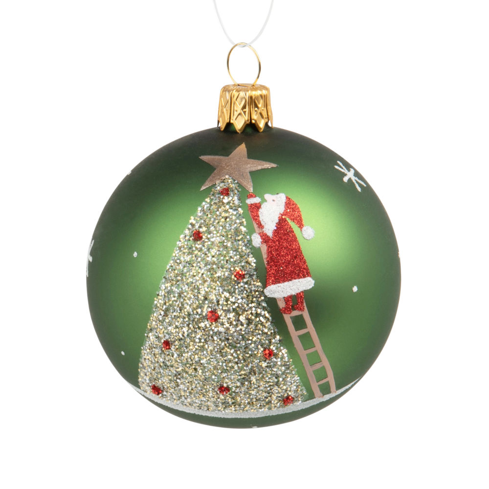 Boule de Noël en verre vert imprimé sapin et Père Noël Boule de Noël en verre vert imprimé sapin et Père Noël