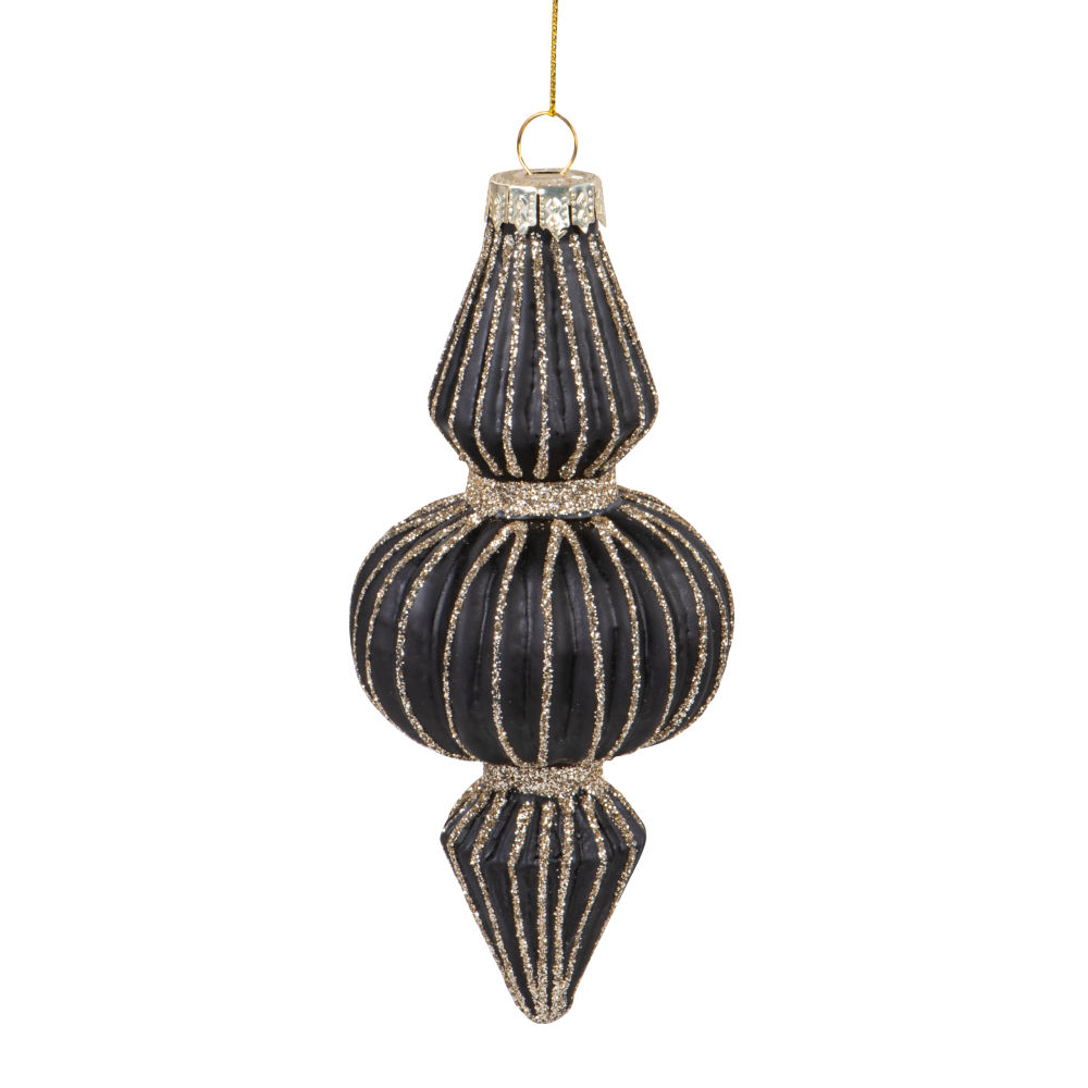 Boule de Noël goutte en verre strié noir à paillettes dorées Boule de Noël goutte en verre strié noir à paillettes dorées