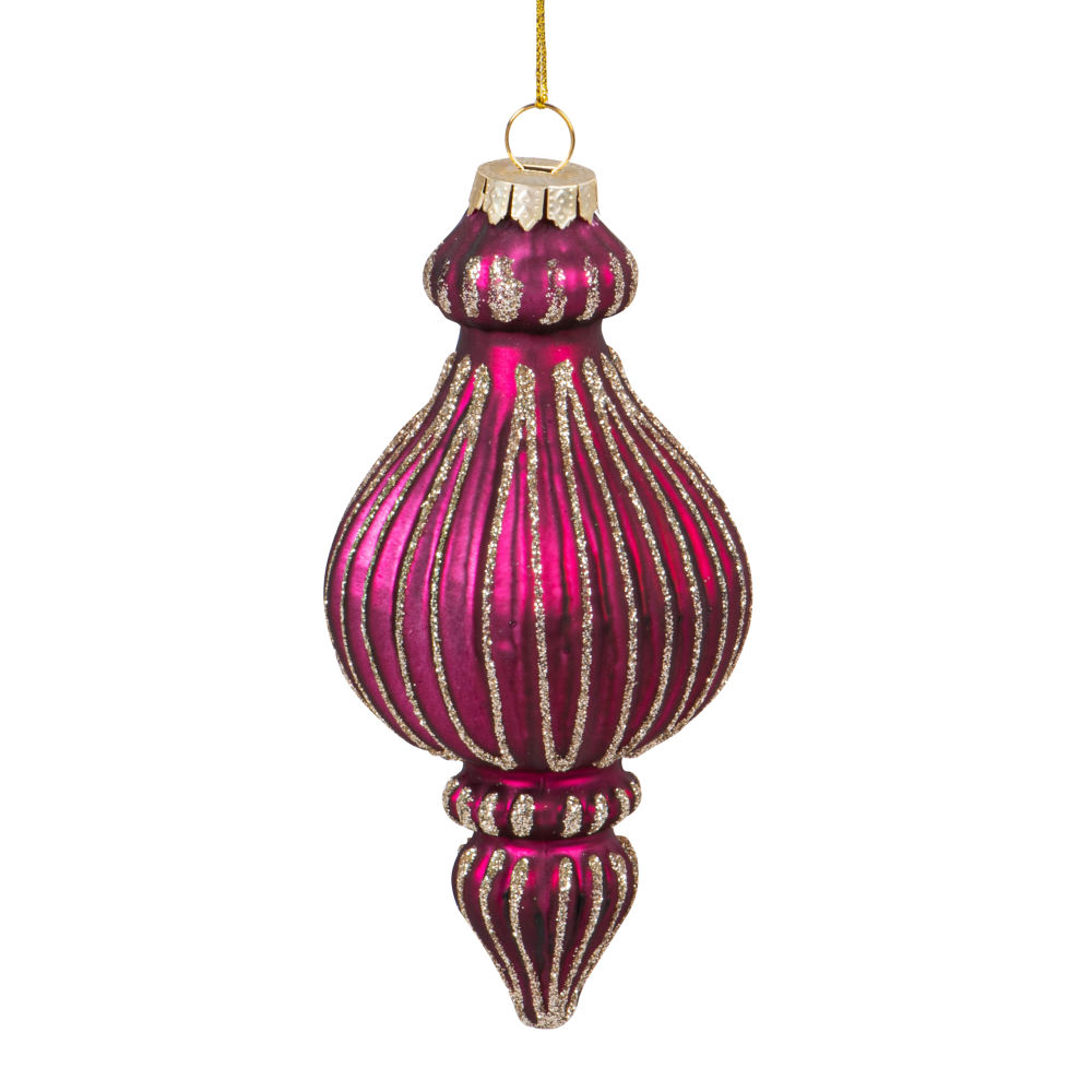 Boule de Noël goutte en verre strié rose framboise à paillettes dorées Boule de Noël goutte en verre strié rose framboise à paillettes dorées