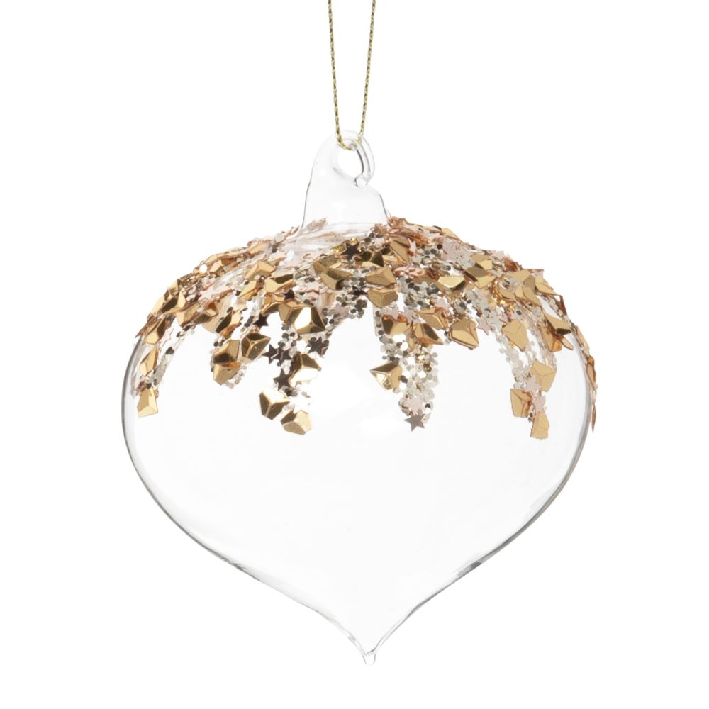 Boule de Noël goutte en verre transparent et paillettes et strass dorées Boule de Noël goutte en verre transparent et paillettes et strass dorées
