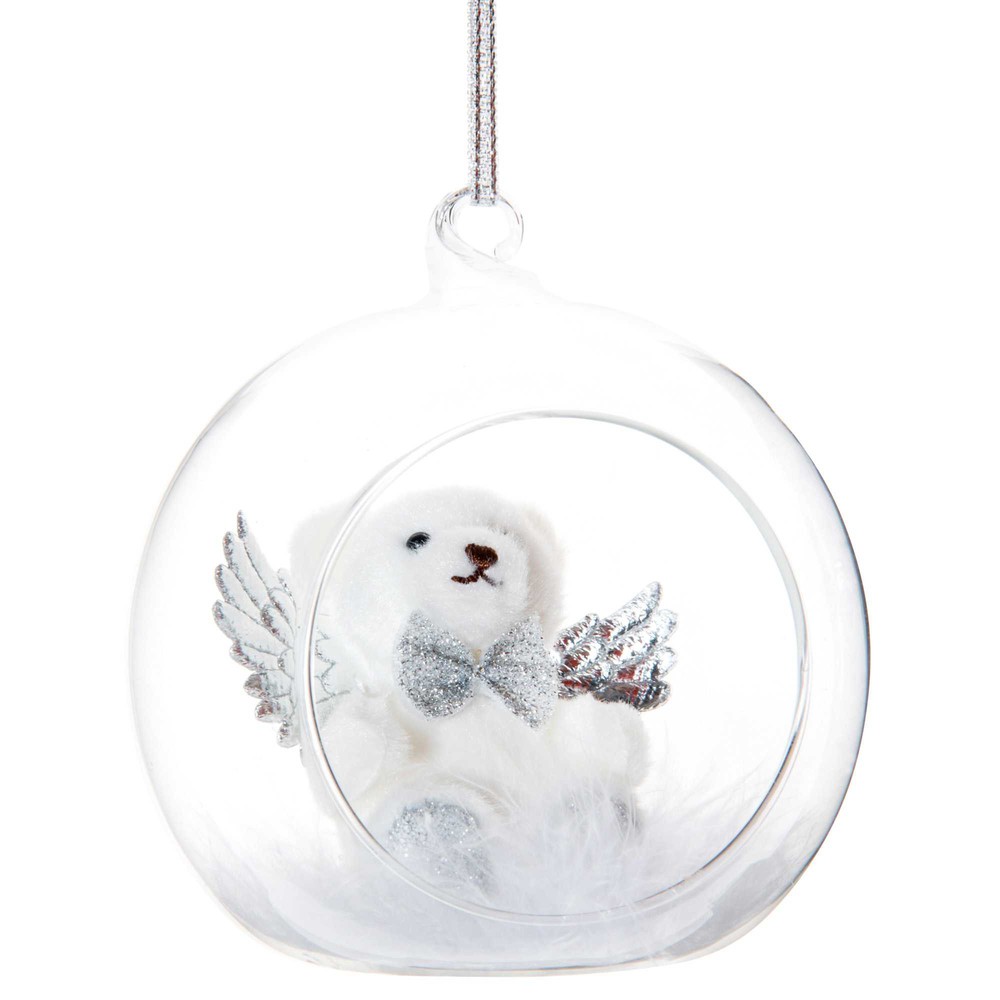 Boule de Noël ouverte en verre et ourson blanc Boule de Noël ouverte en verre et ourson blanc