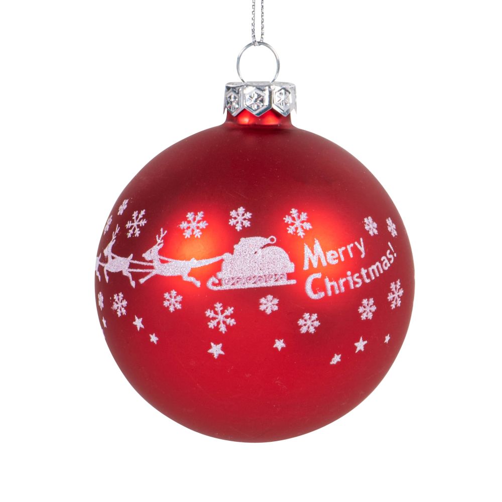 Boule de Noël rouge décor traineau enneigé Boule de Noël rouge décor traineau enneigé