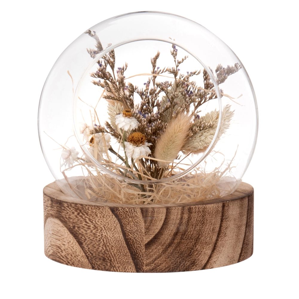 Boule en verre, support en paulownia et fleurs séchées beiges Boule en verre, support en paulownia et fleurs séchées beiges
