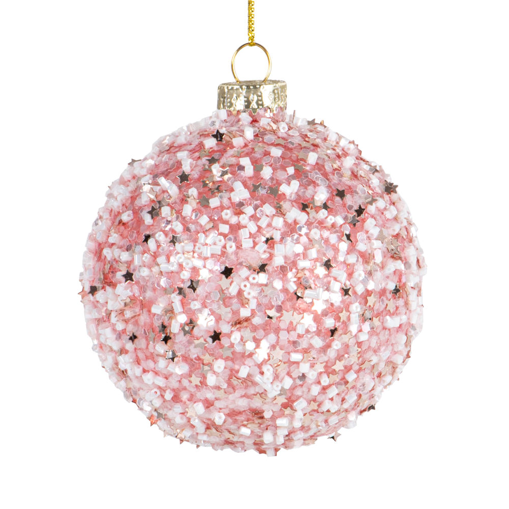 Boules de Noël en verre teinté rose et petites perles blanches nacrées Boules de Noël en verre teinté rose et petites perles blanches nacrées