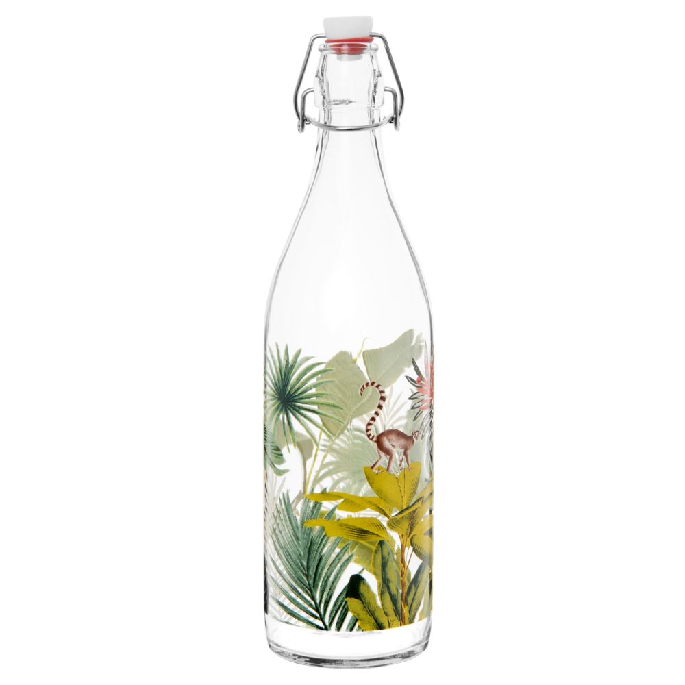 Bouteille en verre imprimé tropical vert et rose 1L (photo) Bouteille en verre imprimé tropical vert et rose 1L