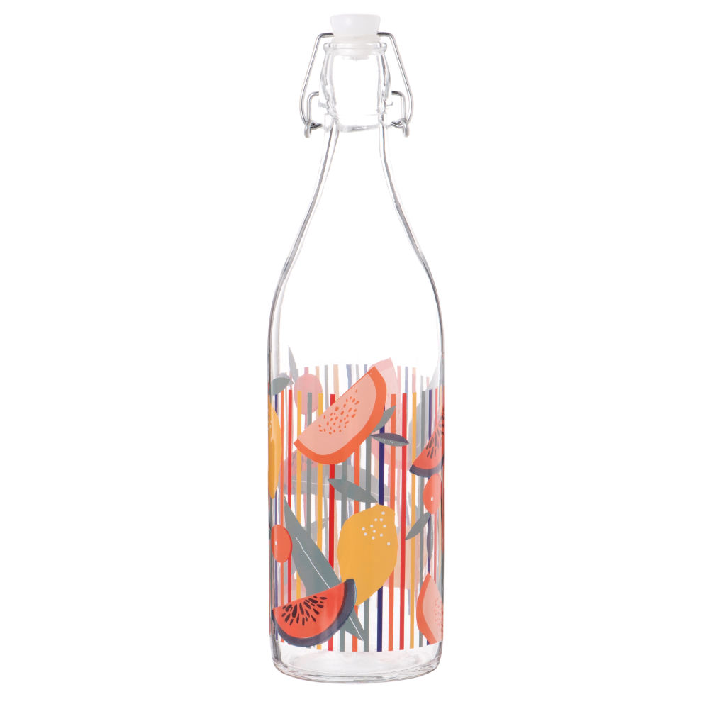Bouteille en verre motifs à rayures et fruits multicolores 1L Bouteille en verre motifs à rayures et fruits multicolores 1L
